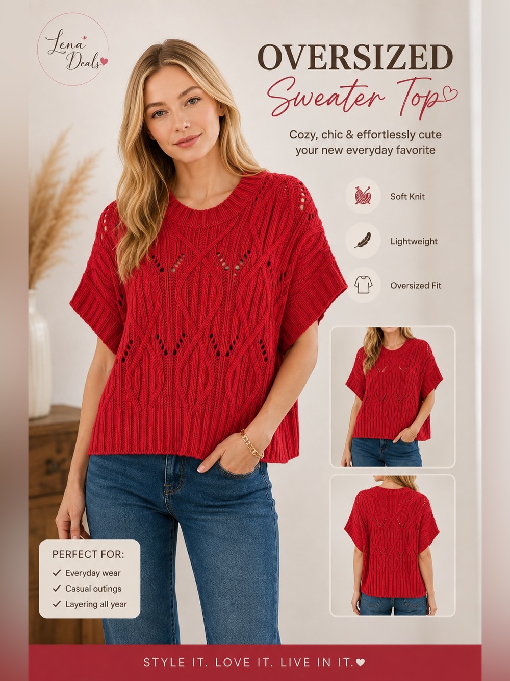 Zenana Cable Knit Women’s Ruby Short Sleeve Top- Sweater Sz Mix Oversized